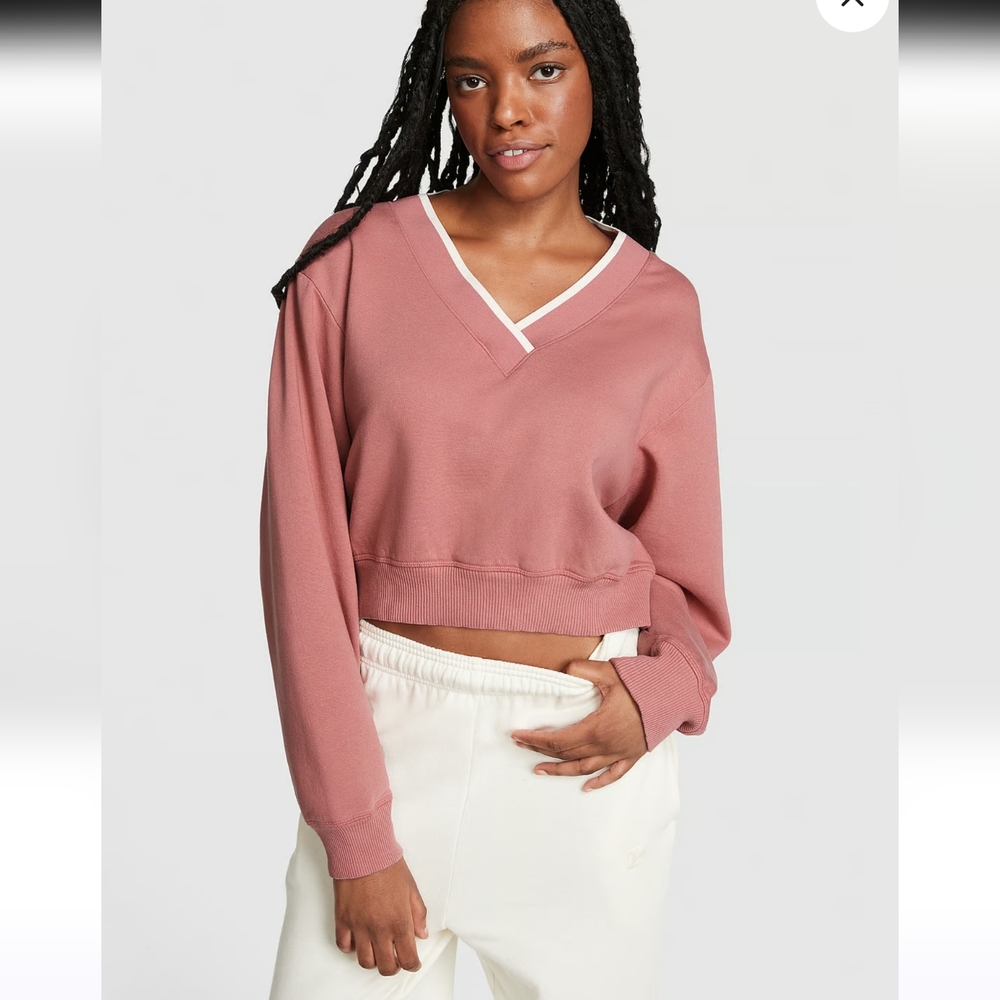 Pink Victoria's Secret Mauve V Neck Cropped Sweatshirt Small